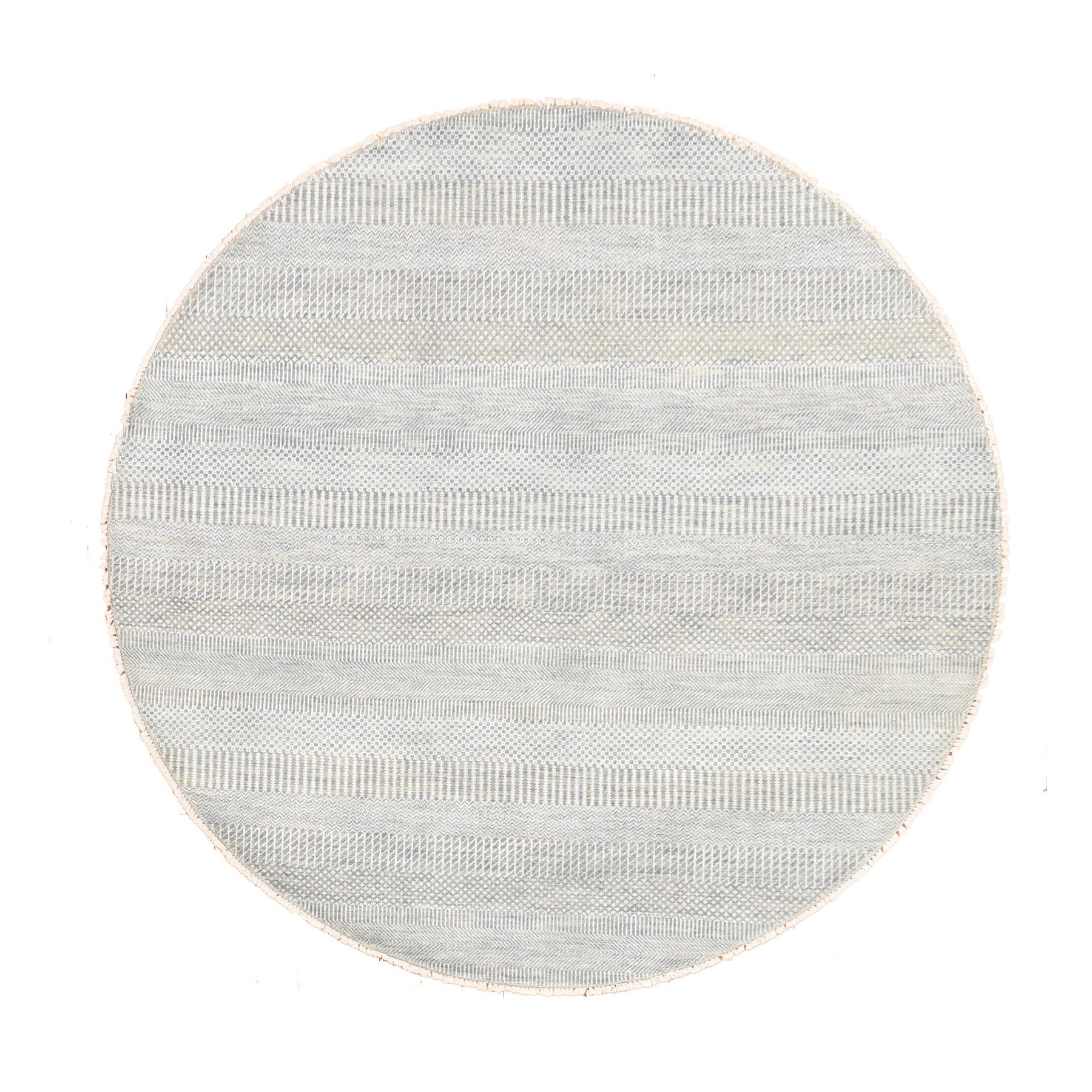 6'x6' Pastel Gray, Wool and Silk, Grass Design, Modern, Tone on Tone, Hand Knotted, Round, Oriental Rug 